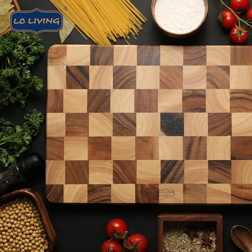 LC Living End Grain Acacia Wood Monogram Rectangular Cutting Board with Feet – 15.7"x10.2" and 17.7"x11.8", Reversible, Durable, Elegant Kitchen Décor