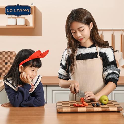 LC Living End Grain Acacia Wood Monogram Rectangular Cutting Board with Feet – 15.7"x10.2" and 17.7"x11.8", Reversible, Durable, Elegant Kitchen Décor