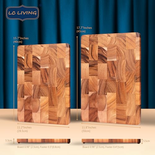 LC Living Thai End Grain Acacia Wood Grande Rectangular Cutting Board w/Feet – 1” Thickness, Built-in Rounded Edge Handle, Non-Slip Rubber Feet – 15.7"x11.2" / 17.7"x11.8" for Chopping and Serving