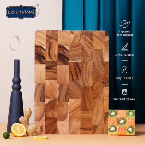 LC Living Thai End Grain Acacia Wood Grande Rectangular Cutting Board w/Feet – 1” Thickness, Built-in Rounded Edge Handle, Non-Slip Rubber Feet – 15.7"x11.2" / 17.7"x11.8" for Chopping and Serving