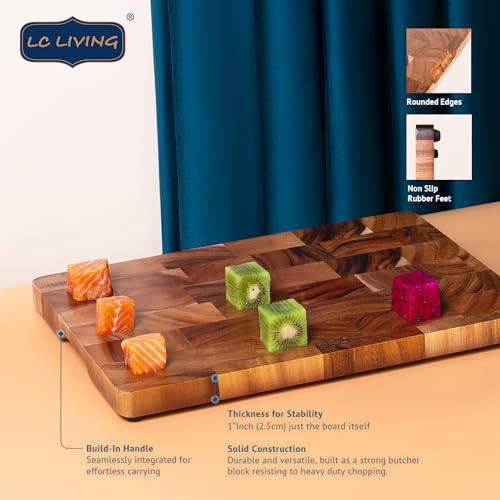 LC Living Thai End Grain Acacia Wood Grande Rectangular Cutting Board w/Feet – 1” Thickness, Built-in Rounded Edge Handle, Non-Slip Rubber Feet – 15.7"x11.2" / 17.7"x11.8" for Chopping and Serving