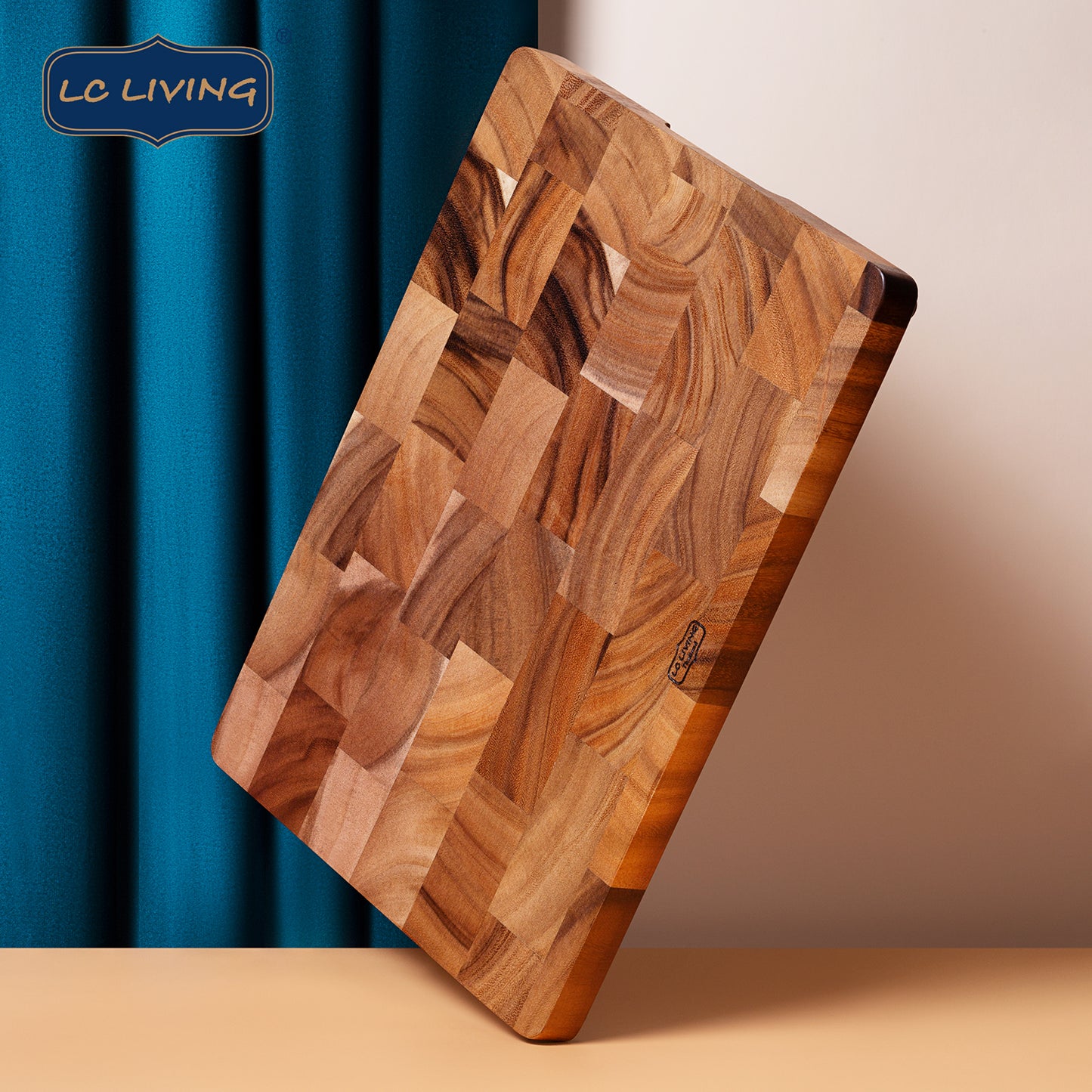 LC Living Thai End Grain Acacia Wood Grande Rectangular Cutting Board w/Feet – 1” Thickness, Built-in Rounded Edge Handle, Non-Slip Rubber Feet – 15.7"x11.2" / 17.7"x11.8" for Chopping and Serving