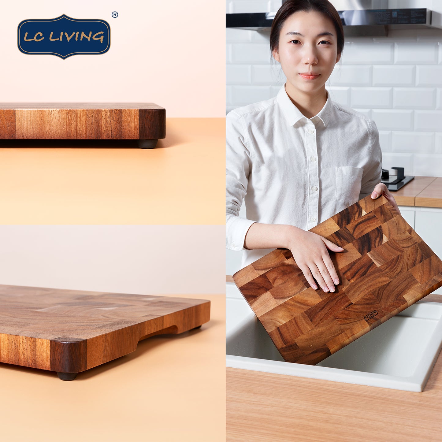 LC Living Thai End Grain Acacia Wood Grande Rectangular Cutting Board w/Feet – 1” Thickness, Built-in Rounded Edge Handle, Non-Slip Rubber Feet – 15.7"x11.2" / 17.7"x11.8" for Chopping and Serving