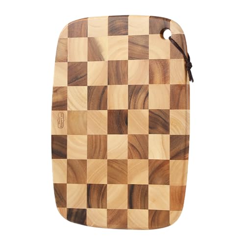 LC Living Thai End Grain Acacia Wood Monogram Oval Hanging Cutting Board – Ergonomic Grip, Lightweight, 15.7"x11", Checkered Design, Easy Transport and Hanging