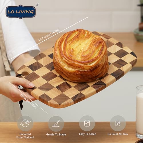 LC Living Thai End Grain Acacia Wood Monogram Oval Hanging Cutting Board – Ergonomic Grip, Lightweight, 15.7"x11", Checkered Design, Easy Transport and Hanging
