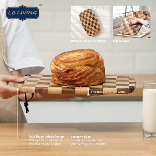 LC Living Thai End Grain Acacia Wood Monogram Oval Hanging Cutting Board – Ergonomic Grip, Lightweight, 15.7"x11", Checkered Design, Easy Transport and Hanging