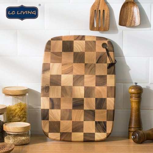 LC Living Thai End Grain Acacia Wood Monogram Oval Hanging Cutting Board – Ergonomic Grip, Lightweight, 15.7"x11", Checkered Design, Easy Transport and Hanging