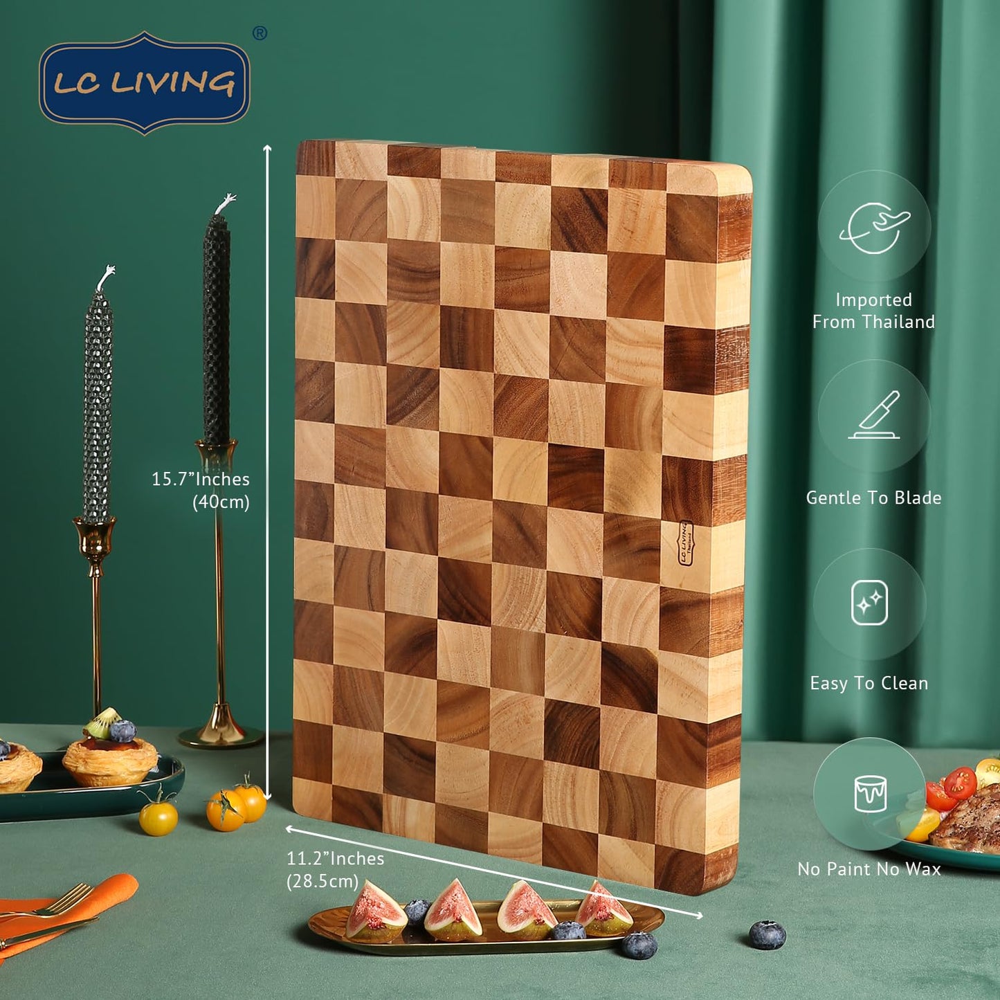 LC Living Thai Acacia Wood Chessboard Footed Cutting Board, Butcher Board Design for Pro.