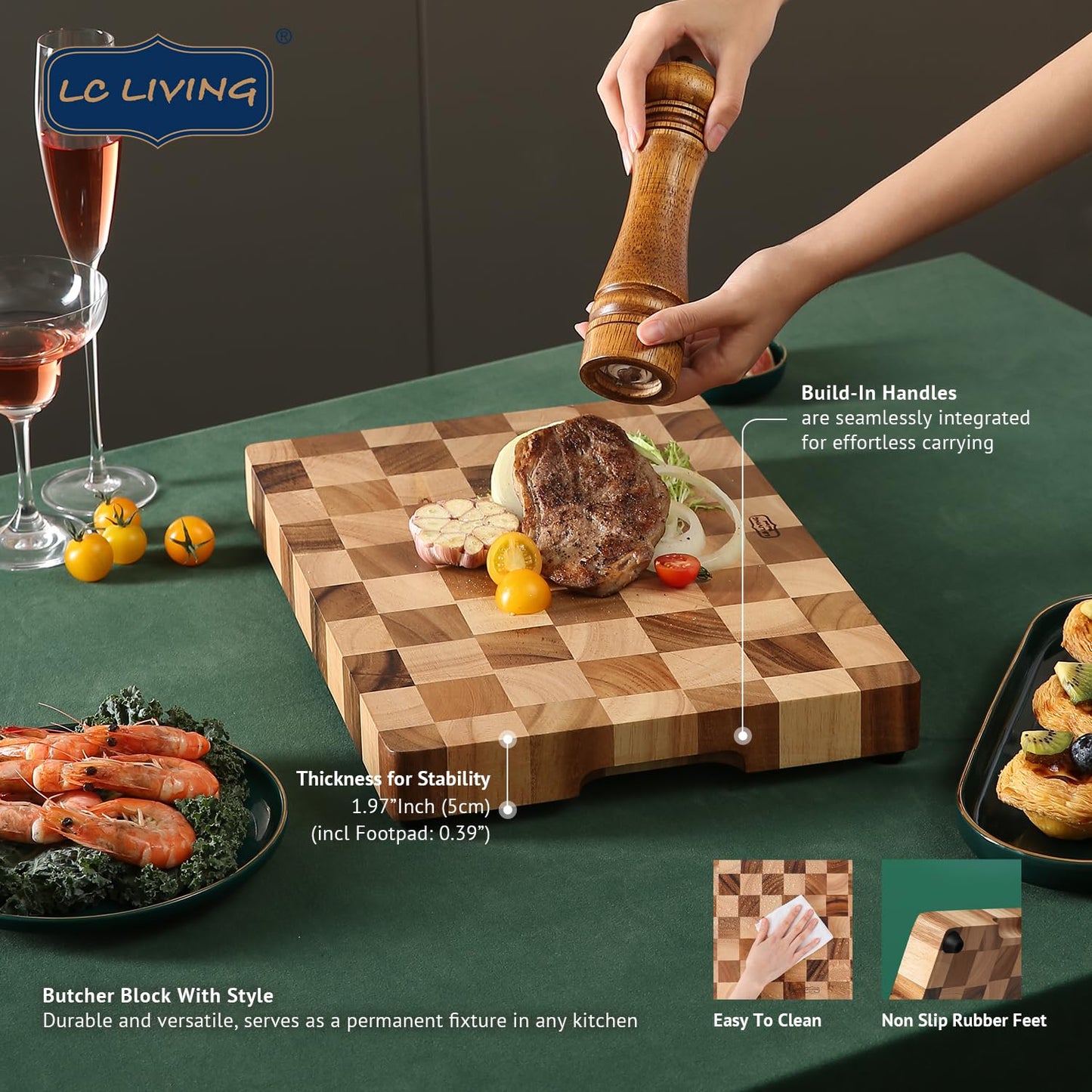 LC Living Thai Acacia Wood Chessboard Footed Cutting Board, Butcher Block with Style, Build-in Handles, Thickness for Stability, Durable and Stylish Design