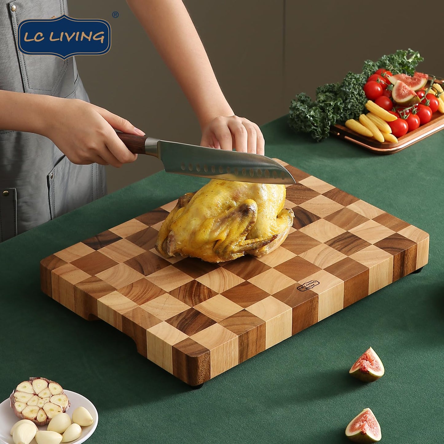 LC Living Thai Acacia Wood Chessboard Footed Cutting Board, Butcher Block with Style, Build-in Handles, Thickness for Stability, Durable and Stylish Design